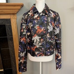 Sam Edelman Womens Faux Vegan Leather Jacket Black Multi Floral Print Size XL